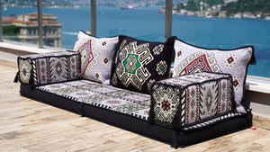 Oriental Arabic Majlis Sofa with Ottoman Couch and Rug, Traditional Cushion, Sofa Covers, Ethnic Floor Cushion, Sofa Slipcovers