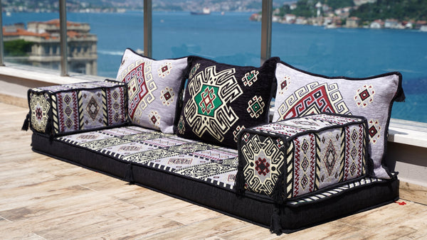 Oriental Arabic Majlis Sofa with Ottoman Couch and Rug, Traditional Cushion, Sofa Covers, Ethnic Floor Cushion, Sofa Slipcovers