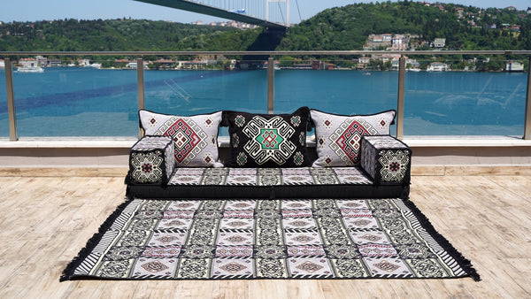 Oriental Arabic Majlis Sofa with Ottoman Couch and Rug, Traditional Cushion, Sofa Covers, Ethnic Floor Cushion, Sofa Slipcovers