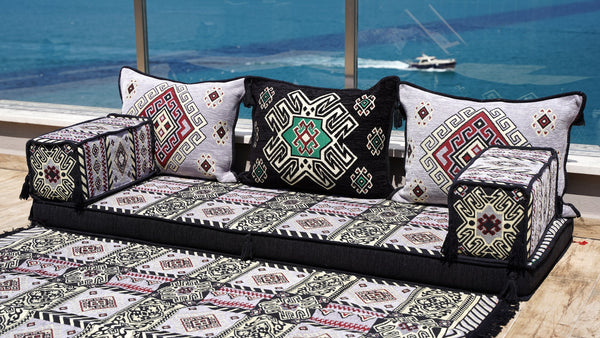 Oriental Arabic Majlis Sofa with Ottoman Couch and Rug, Traditional Cushion, Sofa Covers, Ethnic Floor Cushion, Sofa Slipcovers