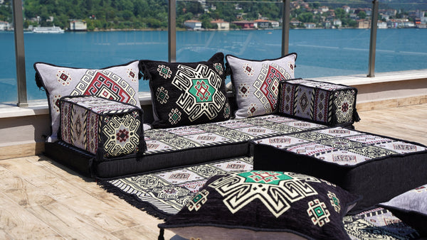 Oriental Arabic Majlis Sofa with Ottoman Couch and Rug, Traditional Cushion, Sofa Covers, Ethnic Floor Cushion, Sofa Slipcovers