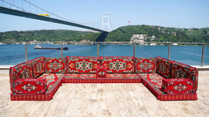 Red Apachi Spirit: U Shaped Floor Sofa Set – 4 Inch Thick Arabic Floor Seating – Turkish Floor Sofa – Custom Size Floor Cushions