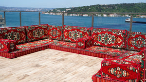 Red Apachi Spirit: U Shaped Floor Sofa Set – 4 Inch Thick Arabic Floor Seating – Turkish Floor Sofa – Custom Size Floor Cushions