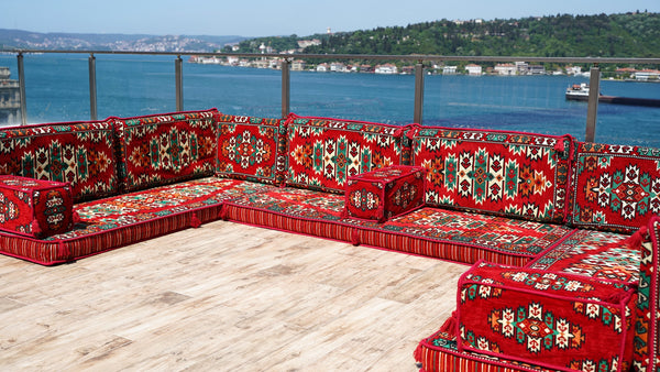 Red Apachi Spirit: U Shaped Floor Sofa Set – 4 Inch Thick Arabic Floor Seating – Turkish Floor Sofa – Custom Size Floor Cushions