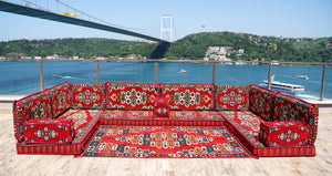 Red Apachi Spirit: U Shaped Floor Sofa Set – 4 Inch Thick Arabic Floor Seating – Turkish Floor Sofa – Custom Size Floor Cushions