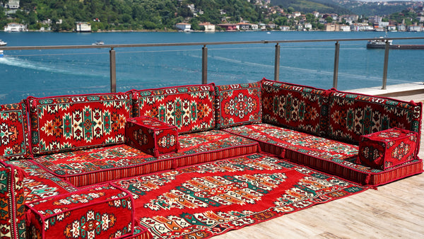 Red Apachi Spirit: U Shaped Floor Sofa Set – 4 Inch Thick Arabic Floor Seating – Turkish Floor Sofa – Custom Size Floor Cushions