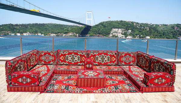 Red Apachi Spirit: U Shaped Floor Sofa Set – 4 Inch Thick Arabic Floor Seating – Turkish Floor Sofa – Custom Size Floor Cushions