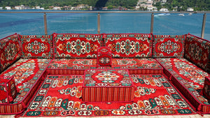 Red Apachi Spirit: U Shaped Floor Sofa Set – 4 Inch Thick Arabic Floor Seating – Turkish Floor Sofa – Custom Size Floor Cushions