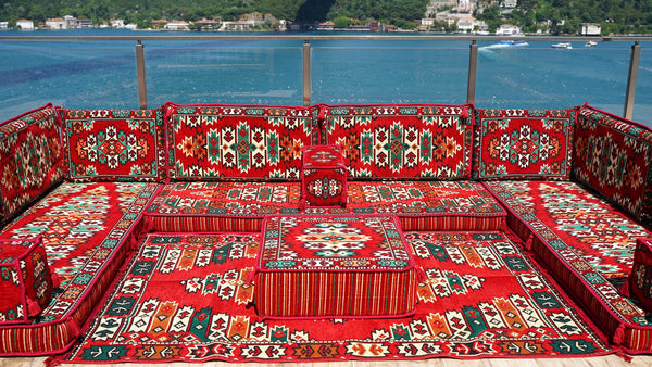 Red Apachi Spirit: U Shaped Floor Sofa Set – 4 Inch Thick Arabic Floor Seating – Turkish Floor Sofa – Custom Size Floor Cushions