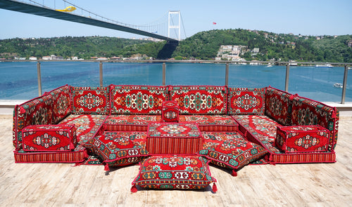 Red Apachi Spirit: U Shaped Floor Sofa Set – 4 Inch Thick Arabic Floor Seating – Turkish Floor Sofa – Custom Size Floor Cushions
