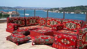 Red Apachi Spirit: U Shaped Floor Sofa Set – 4 Inch Thick Arabic Floor Seating – Turkish Floor Sofa – Custom Size Floor Cushions