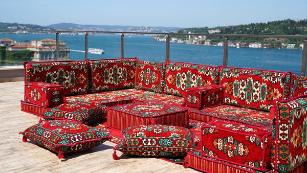Red Apachi Spirit: U Shaped Floor Sofa Set – 4 Inch Thick Arabic Floor Seating – Turkish Floor Sofa – Custom Size Floor Cushions