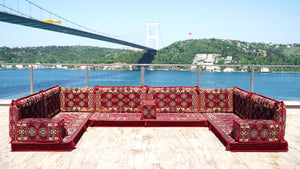 U Shaped Arabic Sofa Set, Maroon Floor Pillows, Corner Floor Sofa Seating, Floor Cushions, Arabic Majlis