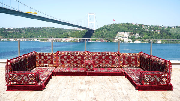 U Shaped Arabic Sofa Set, Maroon Floor Pillows, Corner Floor Sofa Seating, Floor Cushions, Arabic Majlis