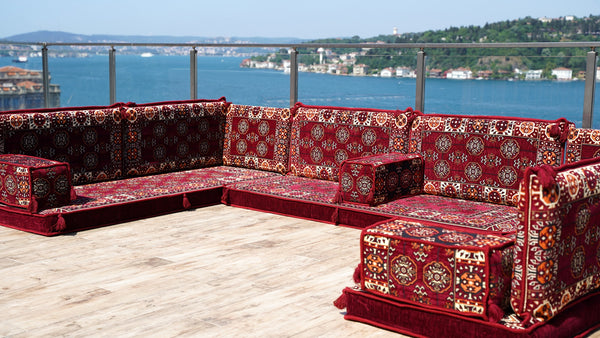 U Shaped Arabic Sofa Set, Maroon Floor Pillows, Corner Floor Sofa Seating, Floor Cushions, Arabic Majlis