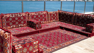 U Shaped Arabic Sofa Set, Maroon Floor Pillows, Corner Floor Sofa Seating, Floor Cushions, Arabic Majlis