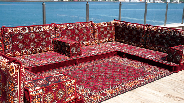U Shaped Arabic Sofa Set, Maroon Floor Pillows, Corner Floor Sofa Seating, Floor Cushions, Arabic Majlis