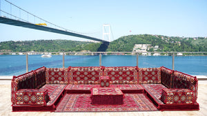 U Shaped Arabic Sofa Set, Maroon Floor Pillows, Corner Floor Sofa Seating, Floor Cushions, Arabic Majlis