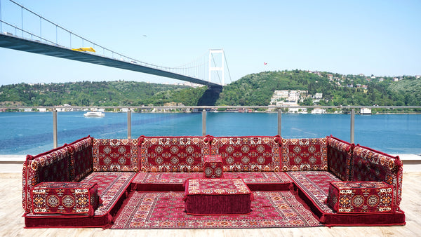 U Shaped Arabic Sofa Set, Maroon Floor Pillows, Corner Floor Sofa Seating, Floor Cushions, Arabic Majlis