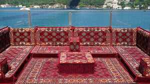 U Shaped Arabic Sofa Set, Maroon Floor Pillows, Corner Floor Sofa Seating, Floor Cushions, Arabic Majlis