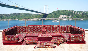 U Shaped Arabic Sofa Set, Maroon Floor Pillows, Corner Floor Sofa Seating, Floor Cushions, Arabic Majlis