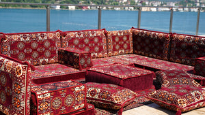 U Shaped Arabic Sofa Set, Maroon Floor Pillows, Corner Floor Sofa Seating, Floor Cushions, Arabic Majlis