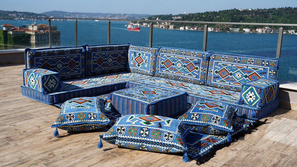 Blue 4" Thick Corner Floor Seating Set, Pallet Cushion Set, Modular Design Floor Cushion, Garden Sofa Set, Indoor Sofa Set