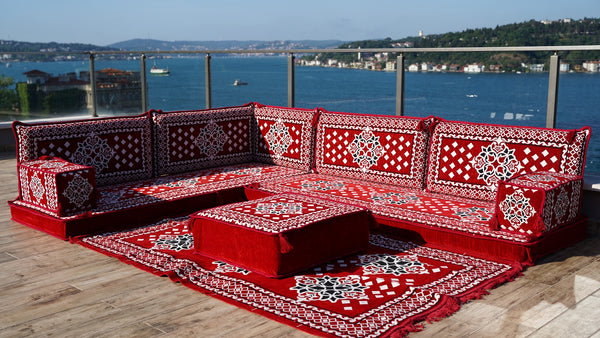 Floral Patterned Seating Set, Indoor Floor Couch, Modular Design Floor Cushion, Garden Sofa Set