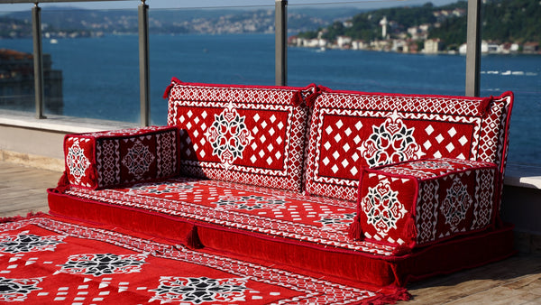 أريكة عرقية، أريكة غرفة معيشة، جلسة عربية، أريكة مغربية مع أريكة عثمانية وسجادة، أرائك مقسمة، أغطية أريكة