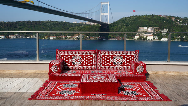 أريكة عرقية، أريكة غرفة معيشة، جلسة عربية، أريكة مغربية مع أريكة عثمانية وسجادة، أرائك مقسمة، أغطية أريكة