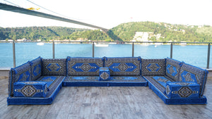 U Shaped Blue Floor Cushions, Modern Arabic Majlis Set, Floor Sofa Set, Ethnic Sofa, Arabic Jalsa, Moroccan Sofa, Sectional Sofa