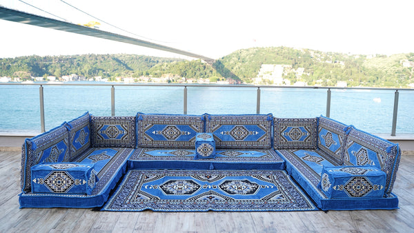 U Shaped Blue Floor Cushions, Modern Arabic Majlis Set, Floor Sofa Set, Ethnic Sofa, Arabic Jalsa, Moroccan Sofa, Sectional Sofa