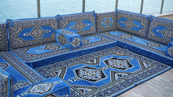 U Shaped Blue Floor Cushions, Modern Arabic Majlis Set, Floor Sofa Set, Ethnic Sofa, Arabic Jalsa, Moroccan Sofa, Sectional Sofa