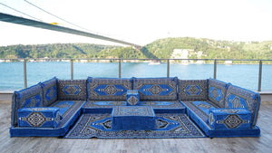 U Shaped Blue Floor Cushions, Modern Arabic Majlis Set, Floor Sofa Set, Ethnic Sofa, Arabic Jalsa, Moroccan Sofa, Sectional Sofa