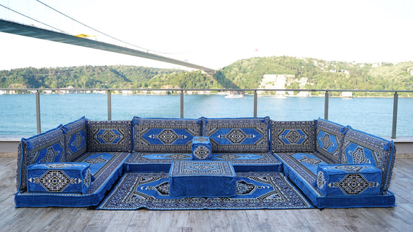U Shaped Blue Floor Cushions, Modern Arabic Majlis Set, Floor Sofa Set, Ethnic Sofa, Arabic Jalsa, Moroccan Sofa, Sectional Sofa