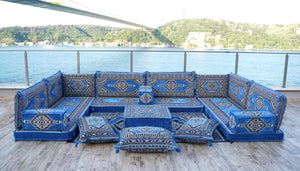 U Shaped Blue Floor Cushions, Modern Arabic Majlis Set, Floor Sofa Set, Ethnic Sofa, Arabic Jalsa, Moroccan Sofa, Sectional Sofa