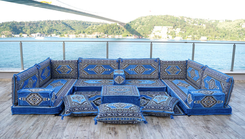 U Shaped Blue Floor Cushions, Modern Arabic Majlis Set, Floor Sofa Set, Ethnic Sofa, Arabic Jalsa, Moroccan Sofa, Sectional Sofa