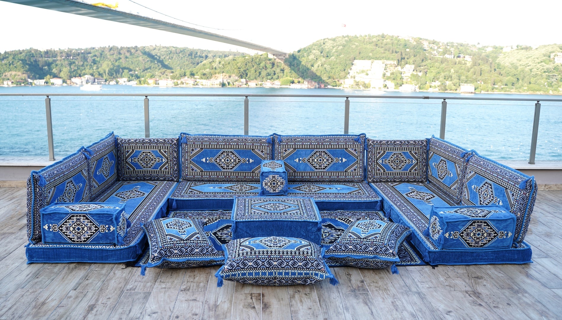 U Shaped Blue Floor Cushions, Modern Arabic Majlis Set, Floor Sofa Set