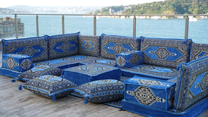 U Shaped Blue Floor Cushions, Modern Arabic Majlis Set, Floor Sofa Set, Ethnic Sofa, Arabic Jalsa, Moroccan Sofa, Sectional Sofa
