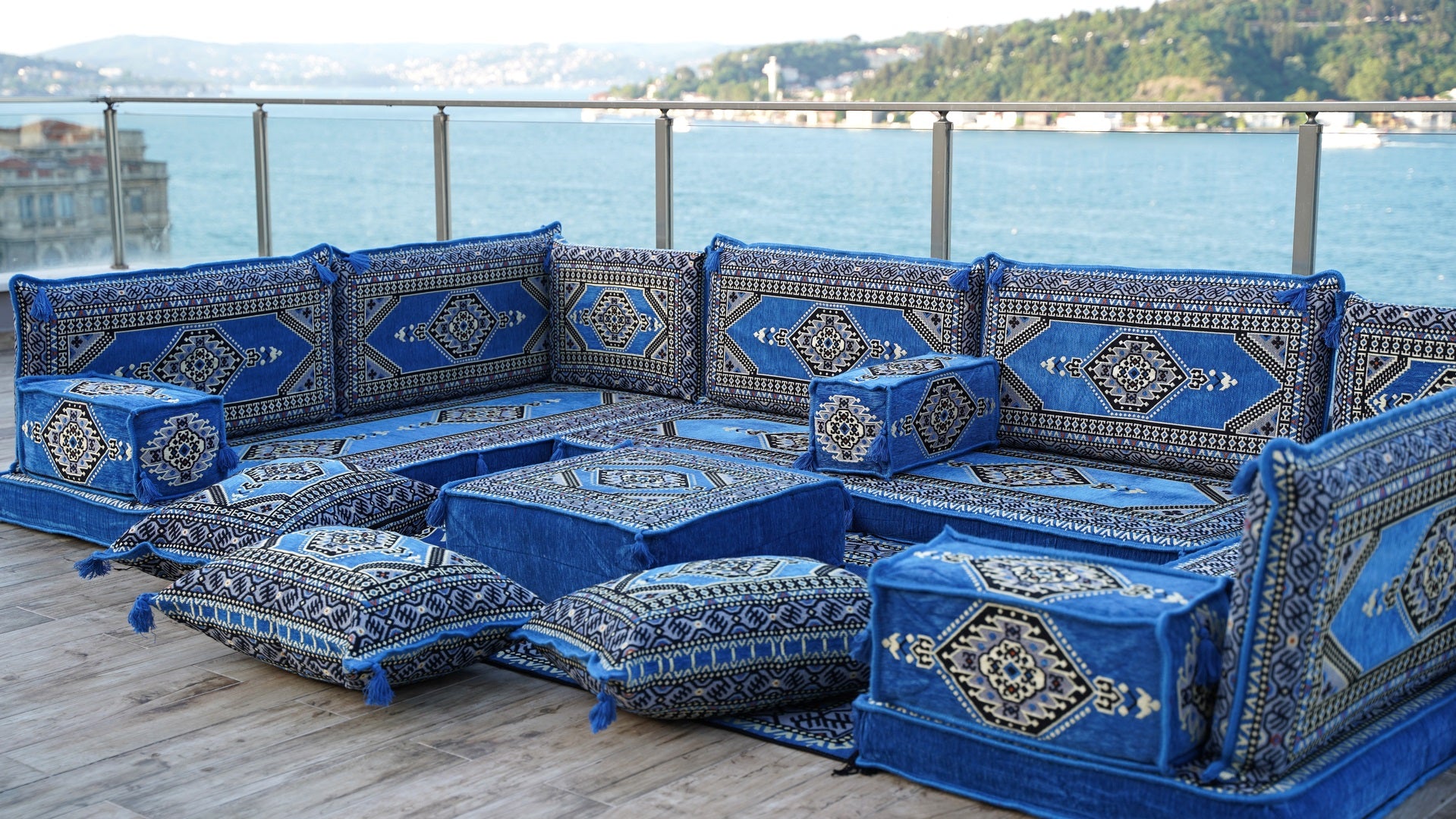 U Shaped Blue Floor Cushions, Modern Arabic Majlis Set, Floor Sofa Set Arabic Sofa
