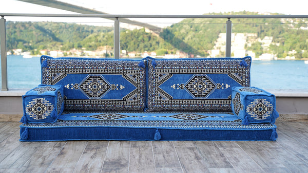 Blue Turkish Floor Seating, Meditation Reading Sofa, Single Sofa Sets, Arabic Majlis, Oriental Floor Cushion, Sectional Sofa