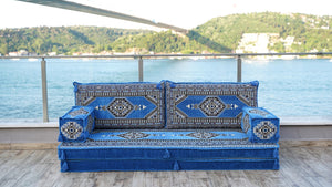 8'' Thickness Sofa Set, Traditional Blue Turkish Floor Sofas, Ethnic Cushions, Window Seat, Terrace Garden Couch, Floor Sofa Seating