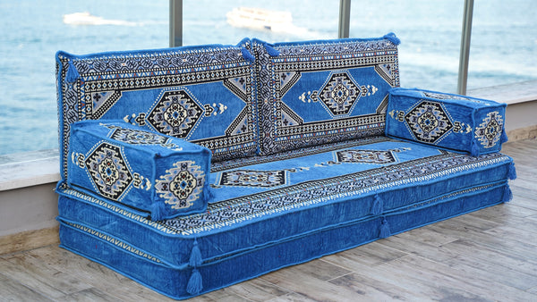 8'' Thickness Sofa Set, Traditional Blue Turkish Floor Sofas, Ethnic Cushions, Window Seat, Terrace Garden Couch, Floor Sofa Seating