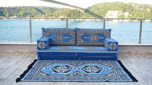 8'' Thickness Sofa Set, Traditional Blue Turkish Floor Sofas, Ethnic Cushions, Window Seat, Terrace Garden Couch, Floor Sofa Seating