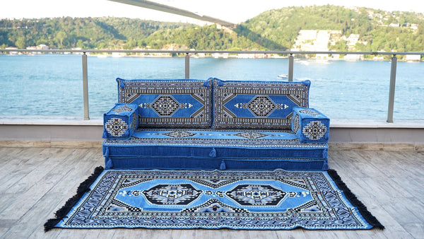 8'' Thickness Sofa Set, Traditional Blue Turkish Floor Sofas, Ethnic Cushions, Window Seat, Terrace Garden Couch, Floor Sofa Seating