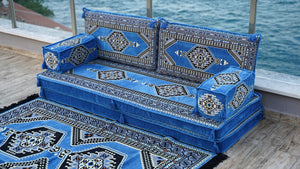 8'' Thickness Sofa Set, Traditional Blue Turkish Floor Sofas, Ethnic Cushions, Window Seat, Terrace Garden Couch, Floor Sofa Seating