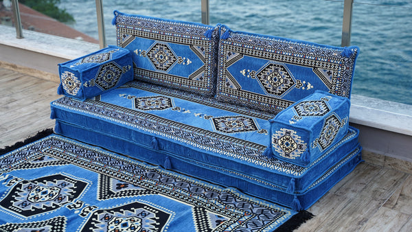 8'' Thickness Sofa Set, Traditional Blue Turkish Floor Sofas, Ethnic Cushions, Window Seat, Terrace Garden Couch, Floor Sofa Seating