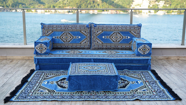 8'' Thickness Sofa Set, Traditional Blue Turkish Floor Sofas, Ethnic Cushions, Window Seat, Terrace Garden Couch, Floor Sofa Seating