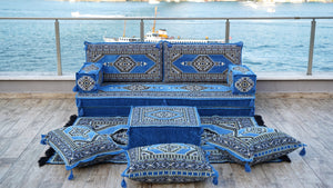 8'' Thickness Sofa Set, Traditional Blue Turkish Floor Sofas, Ethnic Cushions, Window Seat, Terrace Garden Couch, Floor Sofa Seating