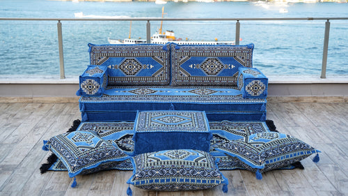 8'' Thickness Sofa Set, Traditional Blue Turkish Floor Sofas, Ethnic Cushions, Window Seat, Terrace Garden Couch, Floor Sofa Seating